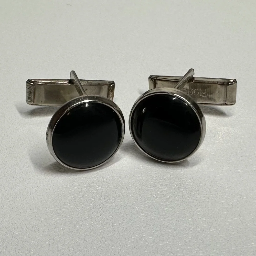 Vintage Pioneer Cufflinks Black Stone Silver‎ Tone Round Mens